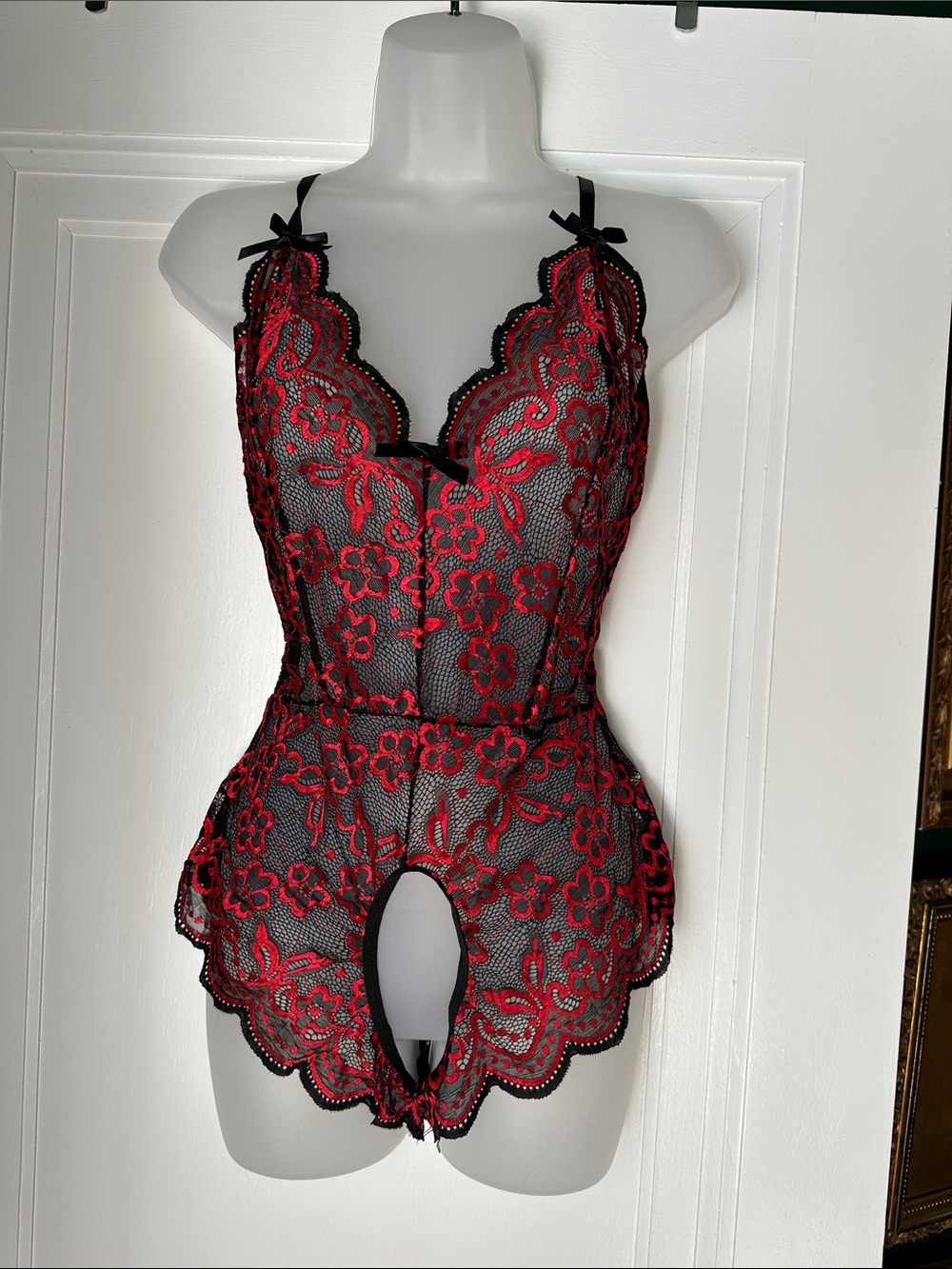 Women's Red & Black Lace Teddy Bodysuit - Intimate Sleepwear